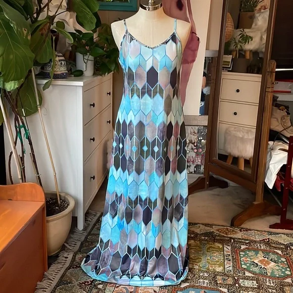 unbranded | Dresses | Blue Stain Glass Geometric Print Slip Dress | Poshmark